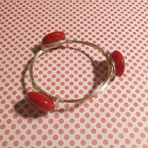 Silver Wire Bangle Bracelet Red Oval Beads Handmade Artisan Vintage Jewelry